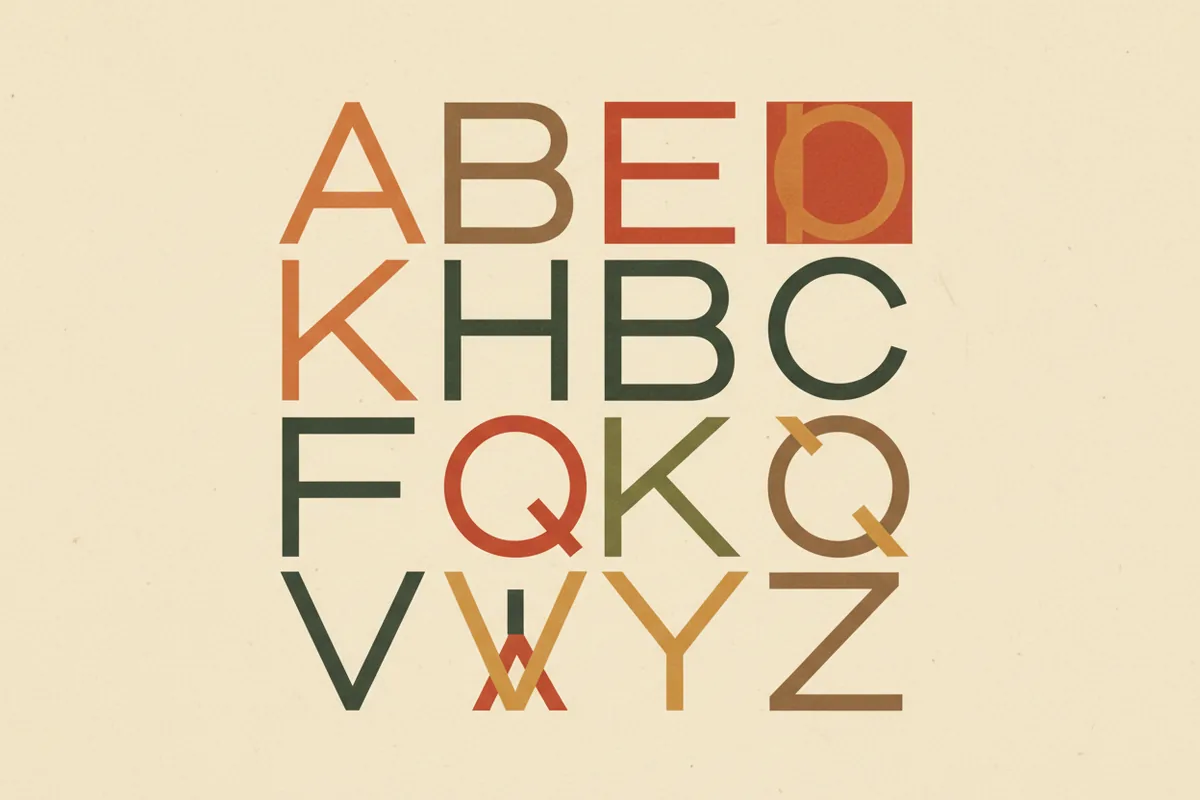 Abstract typographic layout with uppercase silhouette shapes on warm paper, suggesting an all caps setting without readable letters.