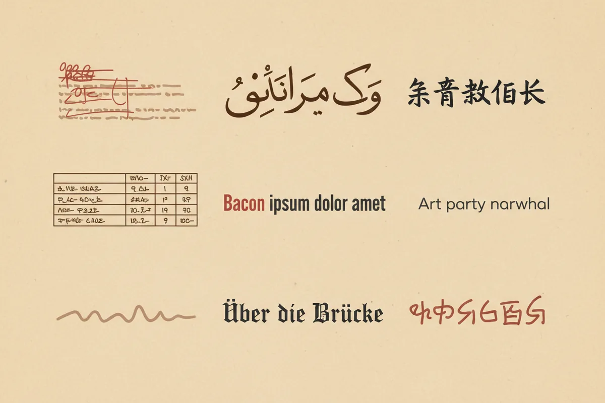 A grid of nine different placeholder text blocks on a warm paper background, each representing a distinct alternative to lorem ipsum, with no actual readable letters or people.