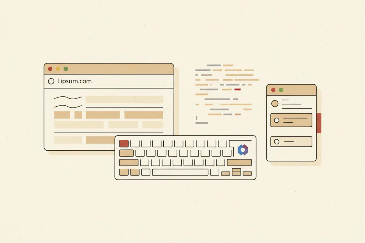 A flat typographic illustration showing a browser window, a keyboard, a code snippet, and a Figma layer panel on warm paper tones.