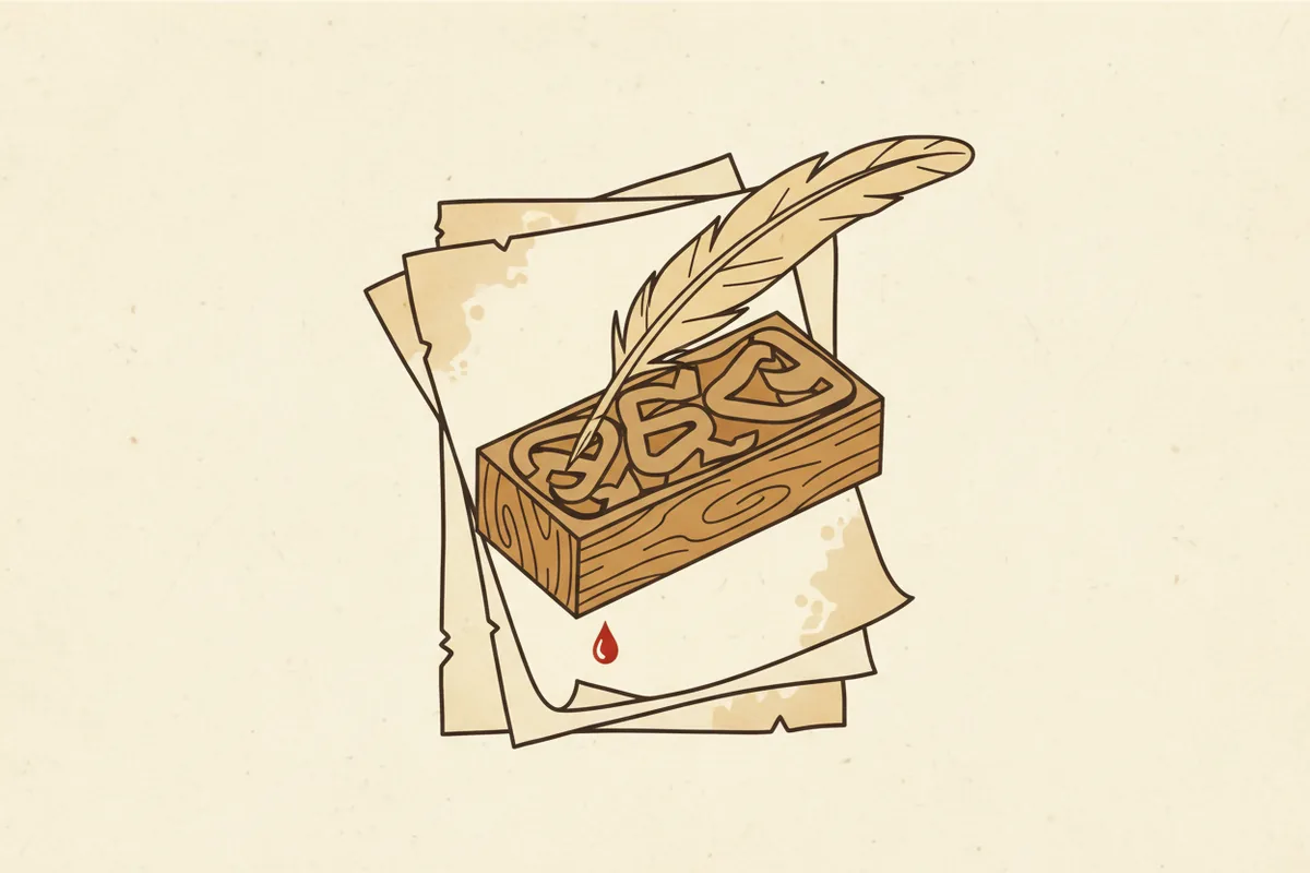 A flat illustration of a vintage printing block and a quill on stacked paper sheets with warm brown and beige tones.