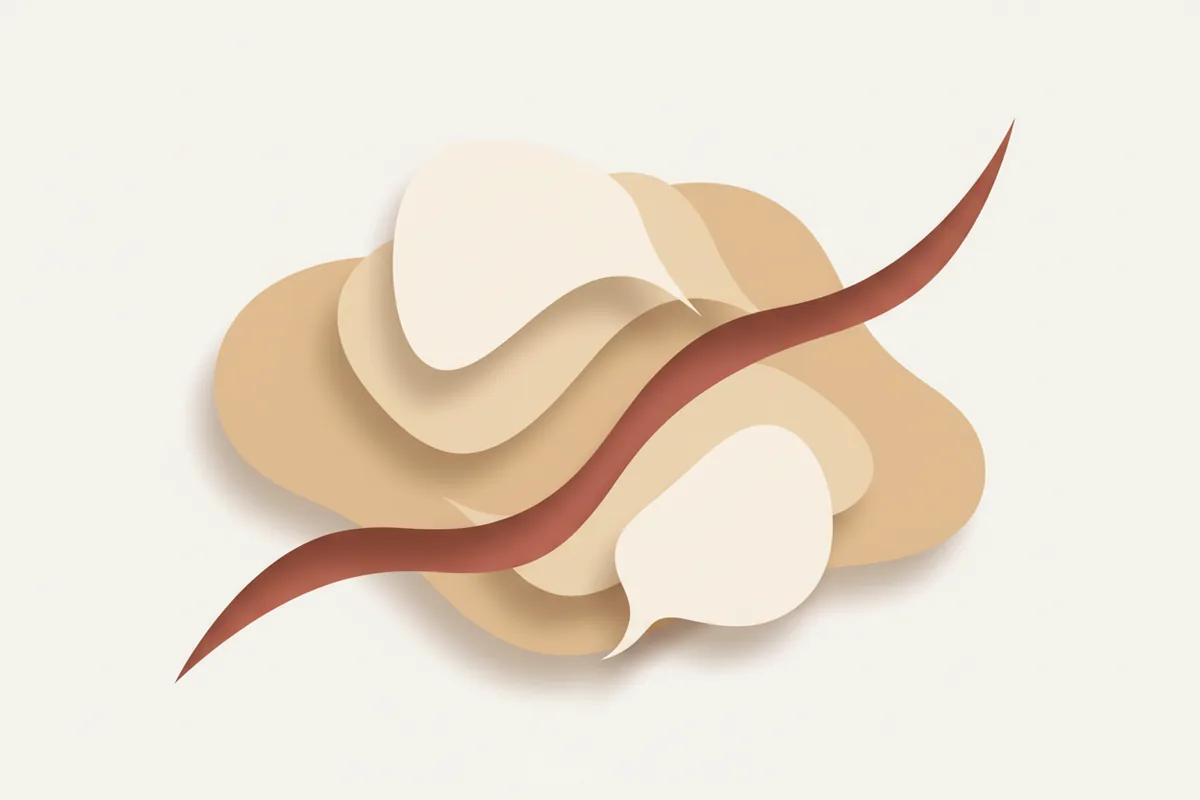 Abstract paper shapes in warm beige tones arranged to suggest sound waves or speech, with no text or letters visible.
