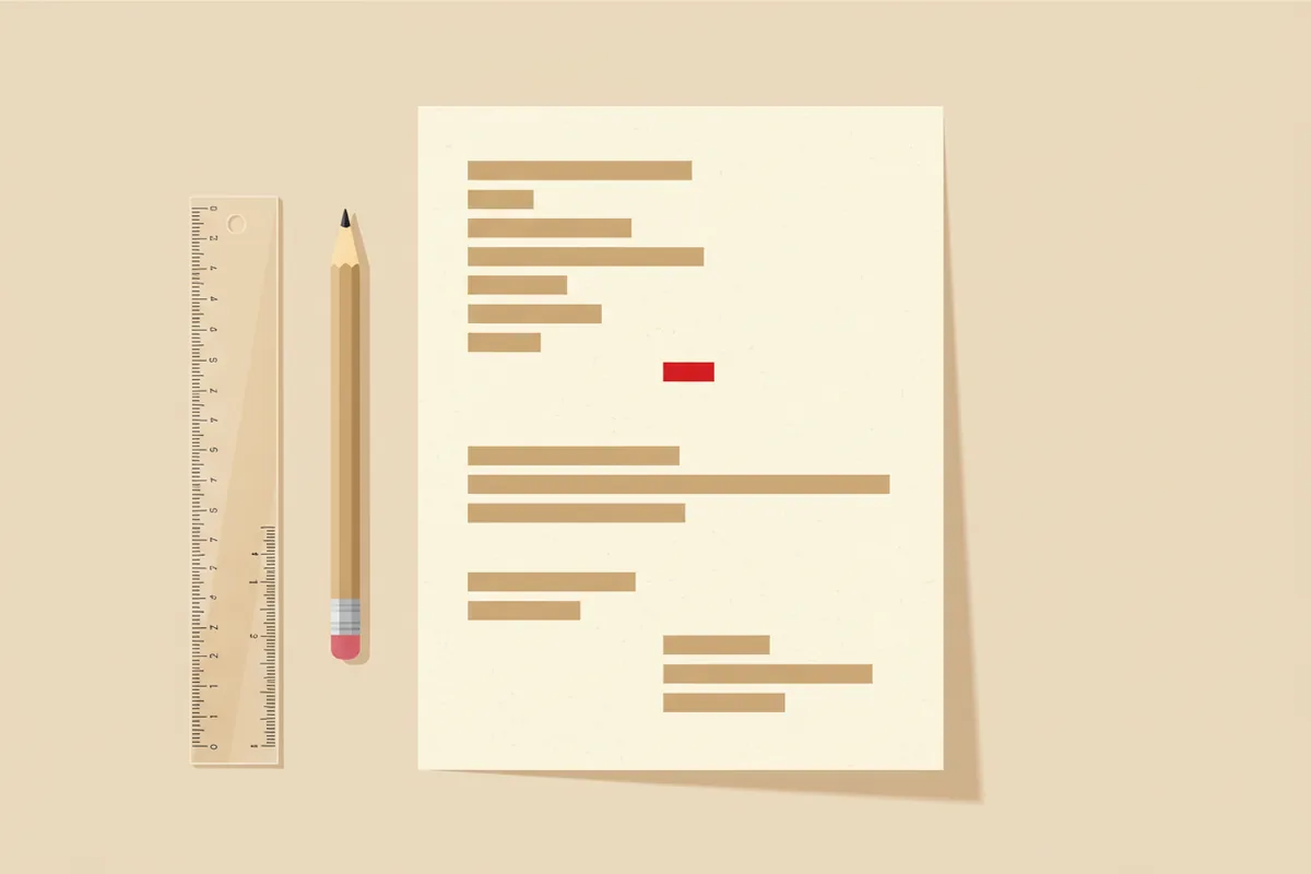 A flat illustration of a blank sheet of paper with abstract placeholder text blocks, a pencil, and a ruler on a warm beige background.