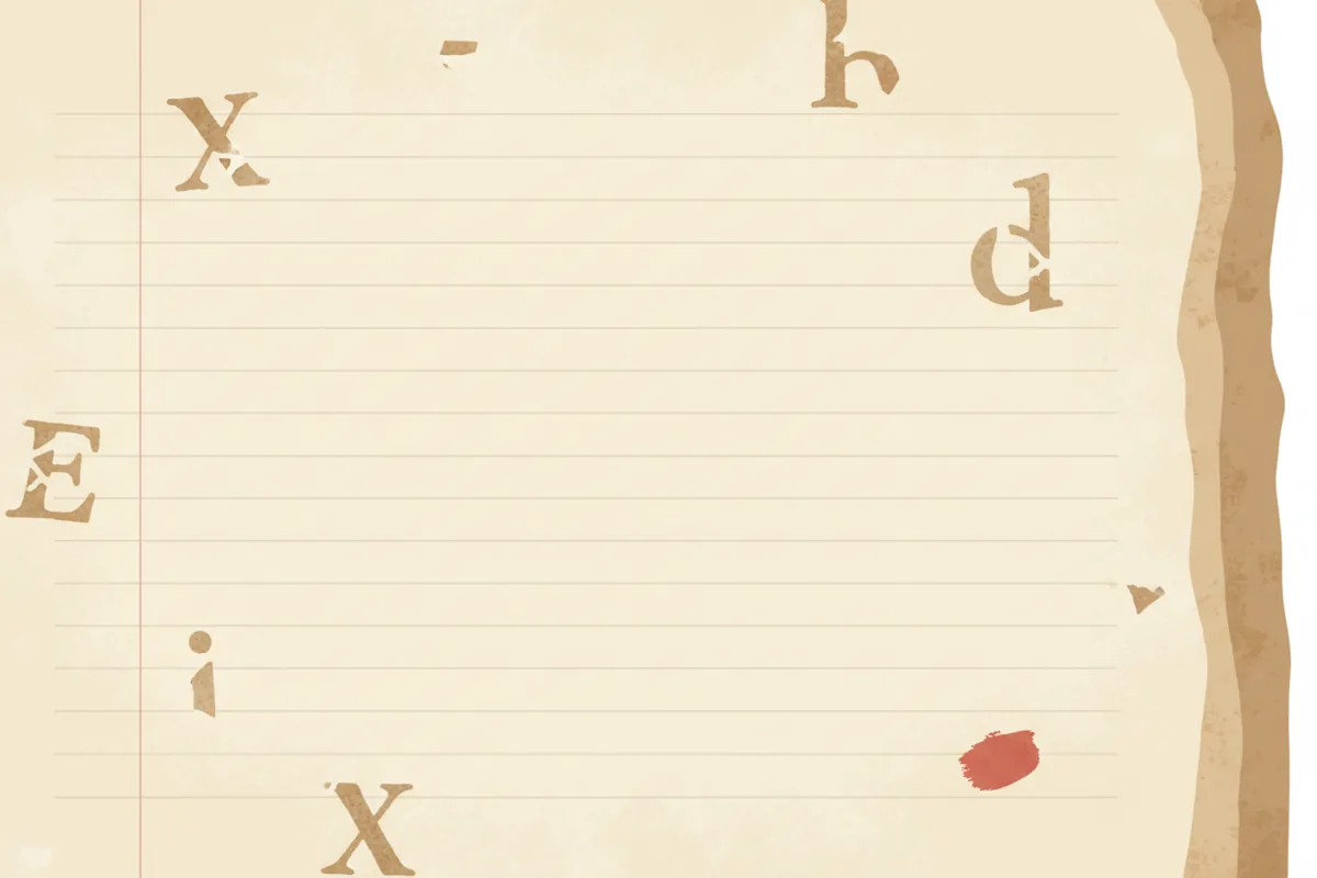A warm-toned paper page with a torn edge and scattered abstract letter-like shapes, suggesting a fragmented ancient manuscript.