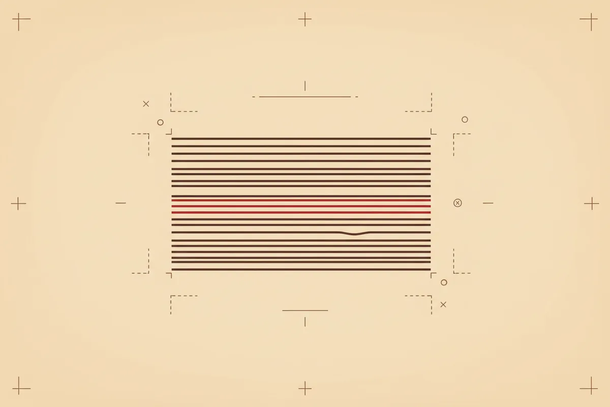 A flat typographic illustration showing a paragraph shape on a paper-toned background with grid lines, representing the standard lorem ipsum paragraph.