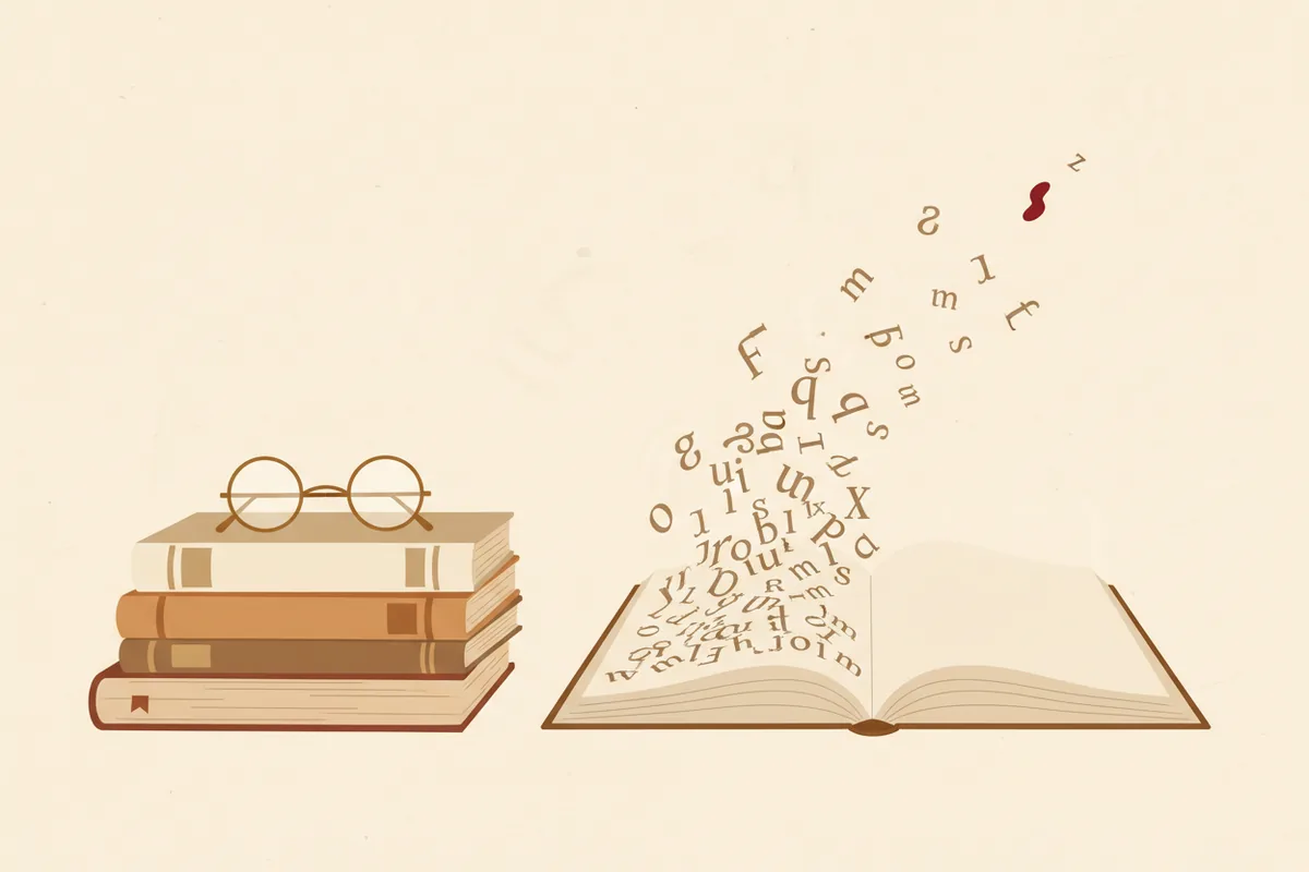 An illustration of an open book with Latin text fading into scattered letter fragments, on a warm paper background.