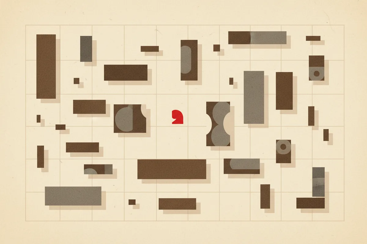 An editorial illustration in flat style featuring warm paper tones, vintage typographic elements, and abstract shapes suggesting a typesetter's workspace without any text or people.
